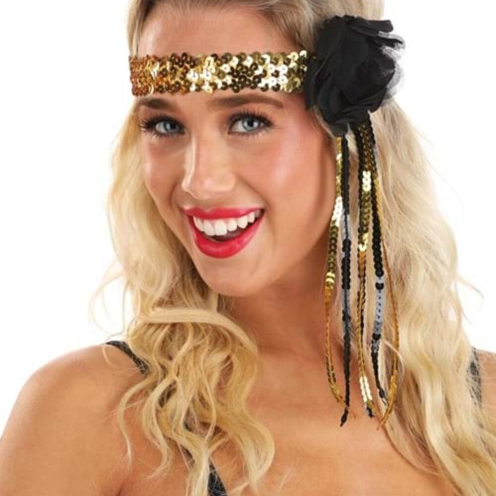 NWT [Halloween Costumes] Gold Sequin Black Flower Flapper Headband Women's OS - Picture 1 of 2